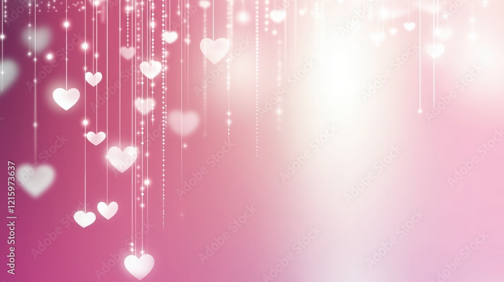 Obraz premium Pink background with hearts and sparkles with copy space for text