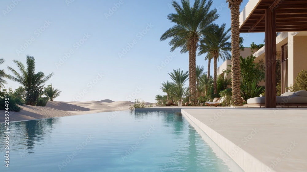 Fototapeta premium Desert oasis poolside luxury villa; tranquil swimming pool, palm trees, dune landscape background; ideal for travel, vacation, or real estate marketing