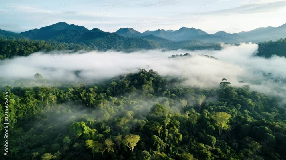 Aerial view of lush rainforest shrouded in mist, with mountains in the background. Captures the serene beauty of nature. Drone footage, high angle video. Aerial view of lush rainforest shrouded in mist, with mountains in the background. Captures the serene beauty of nature. Drone footage, high angle video.