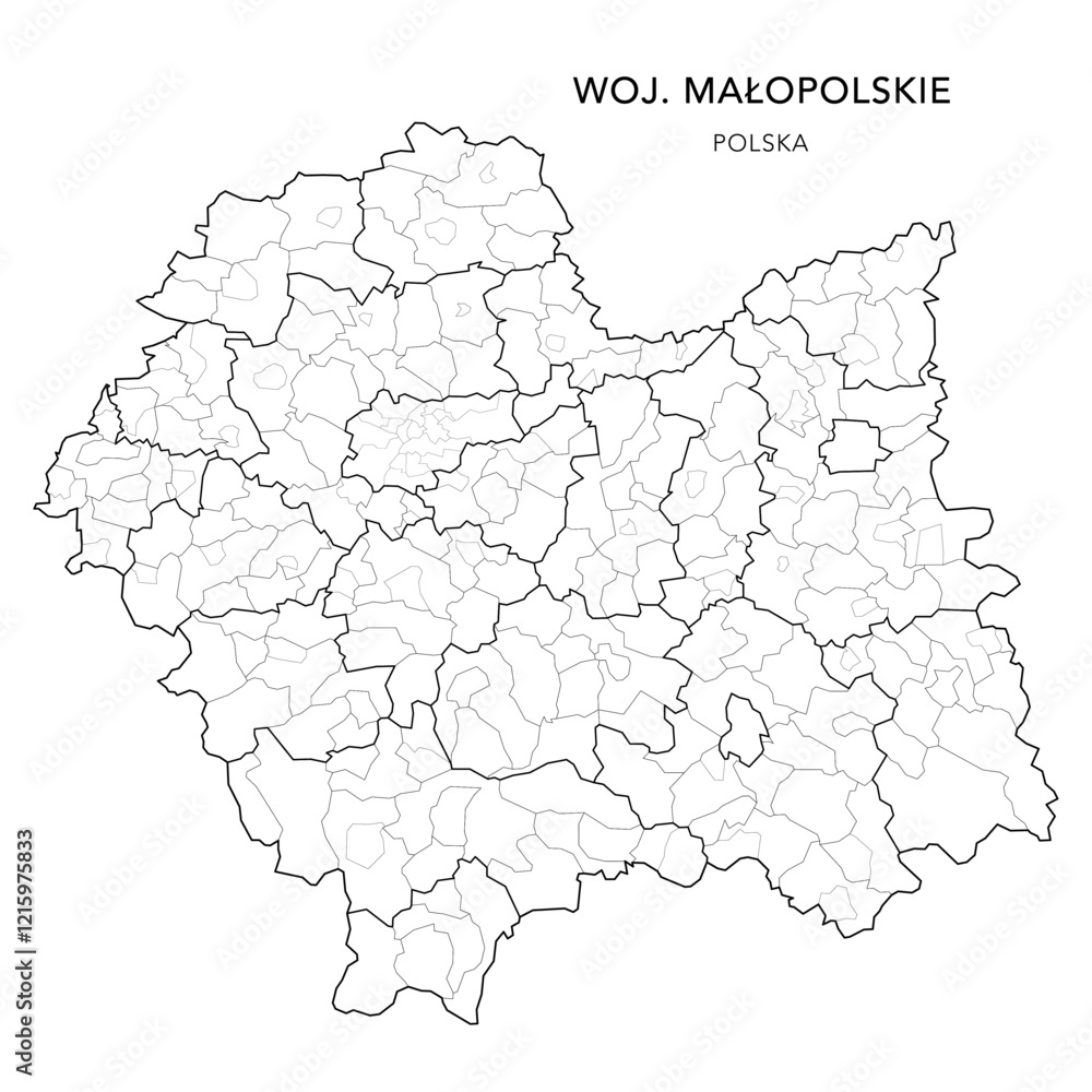 Obraz premium Administrative Vector Map of Lesser Poland Voivodeship (Małopolskie) with Municipality Areas (Obszary Gmin), Municipalities (Gminy), Counties (Powiaty) and Krakow Districts (Dzielnica) - Poland 2025