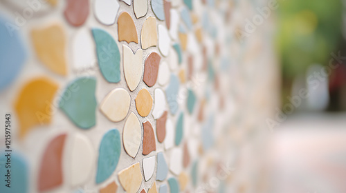 Colorful Mosaic Tile: A close-up shot of a colorful mosaic tile wall with a blurred background. The mosaic is composed of various-sized, organically shaped tiles in shades of blue, green, brown. photo