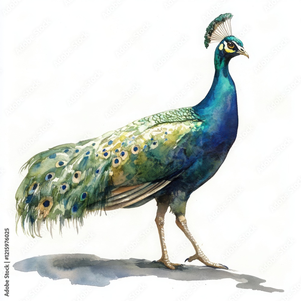Obraz premium Vibrant Peacock Illustration Showcasing Stunning Plumage and Graceful Posture in a Watercolor Style, Perfect for Nature and Wildlife Enthusiasts