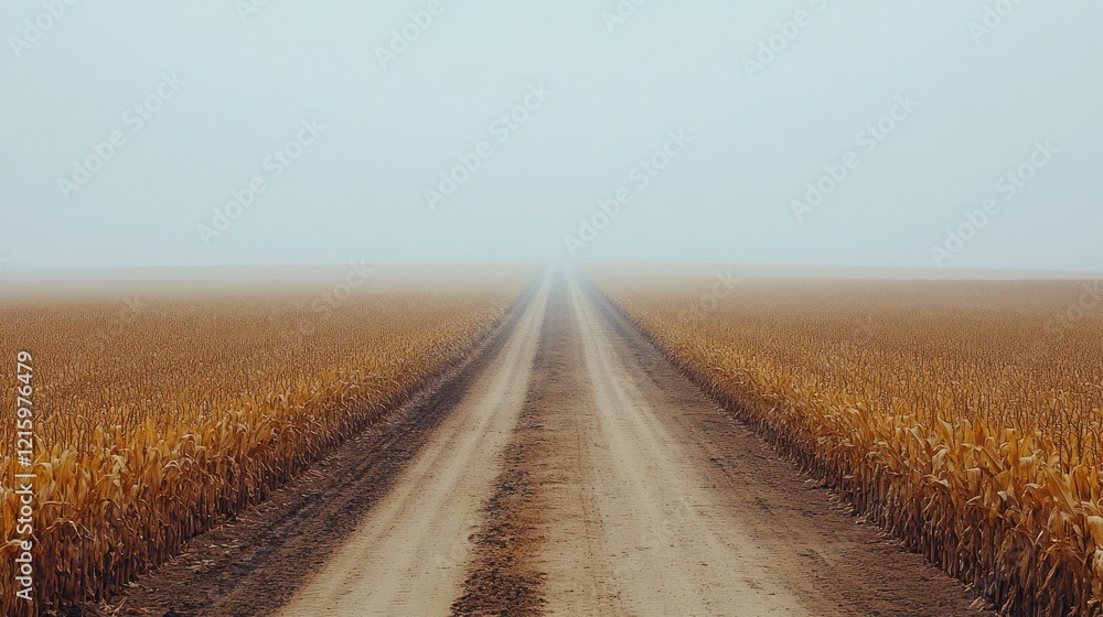 Naklejka premium Misty Cornfield Path: A Serene Autumnal Journey