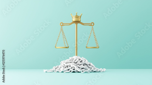 Golden Scales of Justice: A 3D rendering of a golden scale of justice, crowned and perched atop a mound of white letters, symbolizes fairness, balance, and the weight of decisions. photo