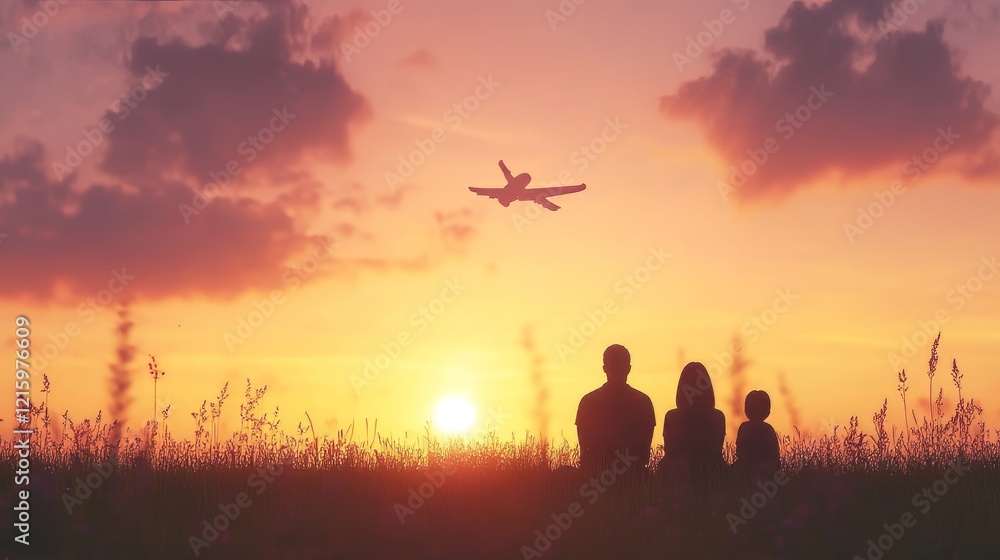 Fototapeta premium Sunset Silhouette Family Watching Airplane Departure