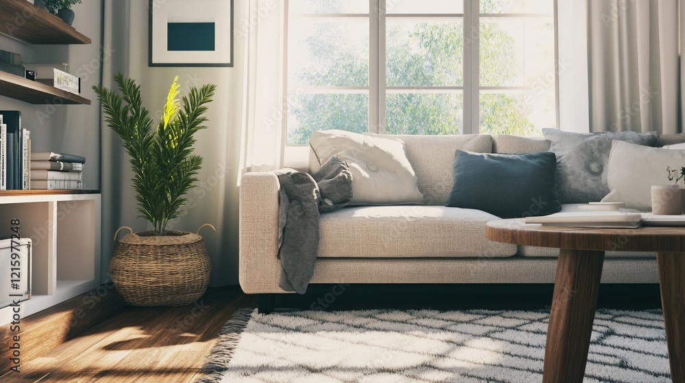Fototapeta premium Cozy living room scene with sofa pillows plant and coffee table near window