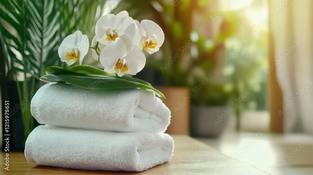 Soft White Towels Stacked with Elegant Orchid Flowers on a Wooden Table Surrounded by Lush Green Indoor Plants in a Calm Spa Interior Setting Soft White Towels Stacked with Elegant Orchid Flowers on a Wooden Table Surrounded by Lush Green Indoor Plants in a Calm Spa Interior Setting