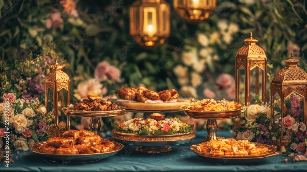 Naklejka premium A Luxurious Festive Food Spread with Golden Decor