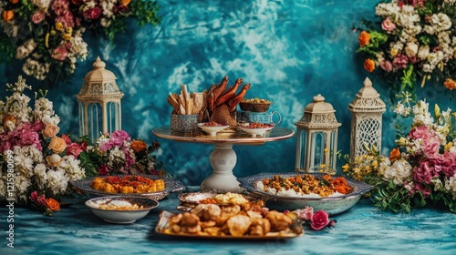 A Lavish Festive Food Spread with Floral Arrangements photo