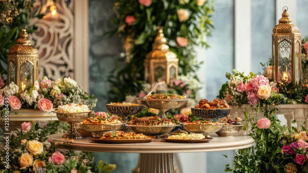 Naklejka premium Lavish Buffet Table Decorated with Exquisite Food and Flowers