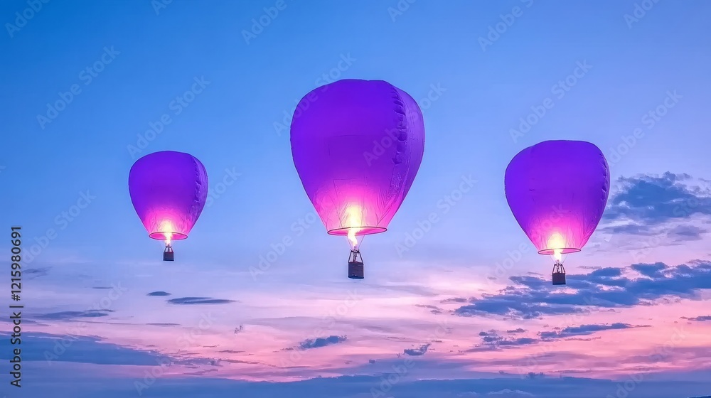 Fototapeta premium Three Purple Sky Lanterns Ascending at Dusk