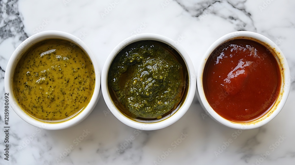 Portrait of Three small white bowls filled with different sauces for Culinary Food Product Photography Brand Concept. Portrait of Three small white bowls filled with different sauces for Culinary Food Product Photography Brand Concept.