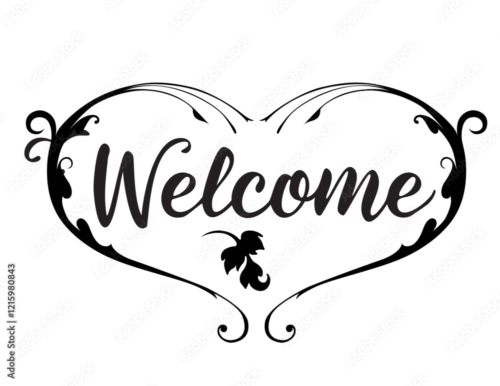 Fototapeta premium Welcome text design, featuring calligraphy lettering with a modern touch. Elegant calligraphic style illustration in black ink on a white background. A stylish and sophisticated vector graphic for quo