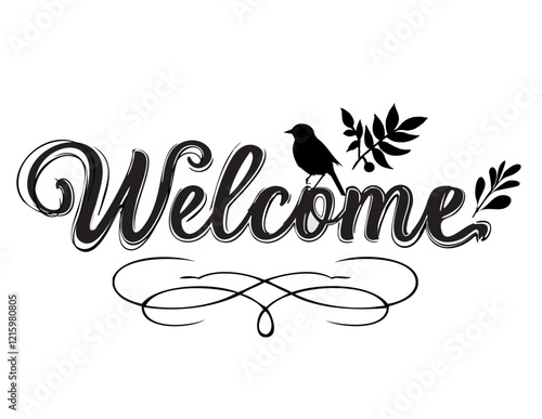 Welcome text design, featuring calligraphy lettering with a modern touch. Elegant calligraphic style illustration in black ink on a white background. 歡迎，手寫字，書法字，藝術字，美字體，英文， 美語歡迎。

