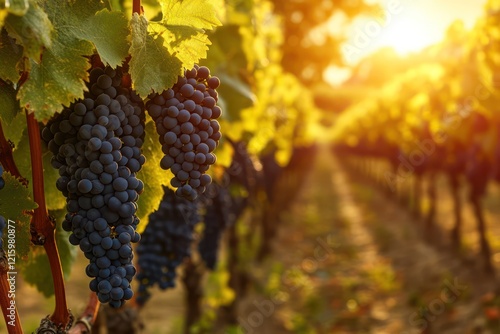 A lush vineyard in full bloom, with rows of grapevines heavy with clusters of grapes, basking in the warm sunlight, signaling a bountiful harvest photo