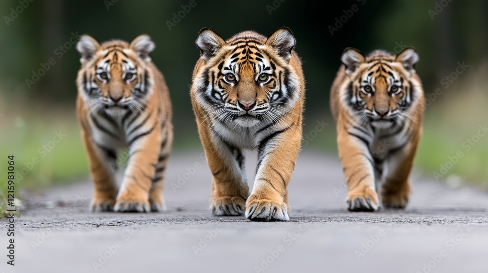 Fototapeta premium Three Tiger Cubs Walking on a Path