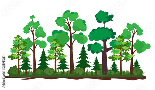 green tree forest foliage border coniferous plant mixed wood panorama fir poplar trunk crown vector illustration woodland background clipart
