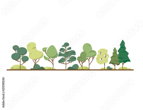 green tree forest foliage border coniferous plant mixed wood panorama fir poplar trunk crown vector illustration woodland background clipart