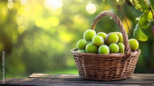 Green plums in wicker basket, garden background, summer harvest
