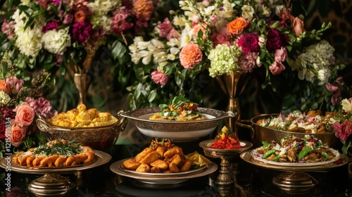 Wallpaper Mural Lavish Buffet: A Culinary Delight with Exquisite Floral Arrangements Torontodigital.ca