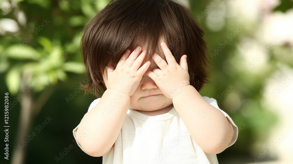 Toddler Hiding Face, Shy Child Outdoors, Green Background Toddler Hiding Face, Shy Child Outdoors, Green Background