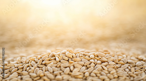 Golden Sunﬂower Seeds: A close-up shot of a mound of sunﬂower seeds bathed in warm, golden light. The seeds are scattered across the frame, creating a textural and visually appealing image. photo