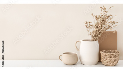 Wallpaper Mural Minimalist Home Decor: A serene and stylish composition of  dried branches in a white vase, a ceramic mug, and a woven basket against a minimalist backdrop.    Torontodigital.ca