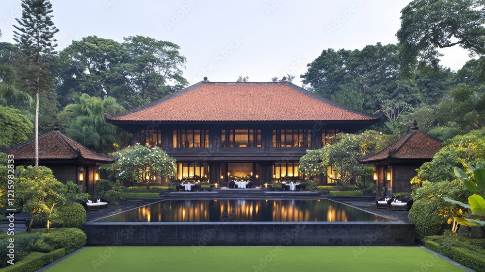 Fototapeta premium Tranquil Asian Style Resort Building with Pool