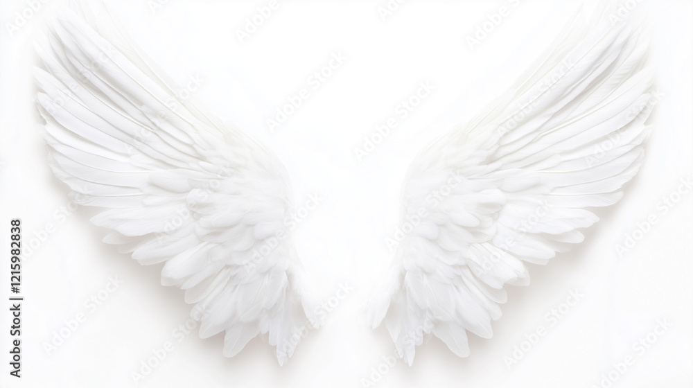Fototapeta premium Angelic Wings: A pair of large, pristine white wings, exquisitely detailed, spread wide against a backdrop. The image evokes feelings of purity, hope, and spiritual freedom. 