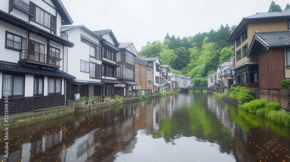 Tranquil Canal Scene with Traditional Japanese Houses
