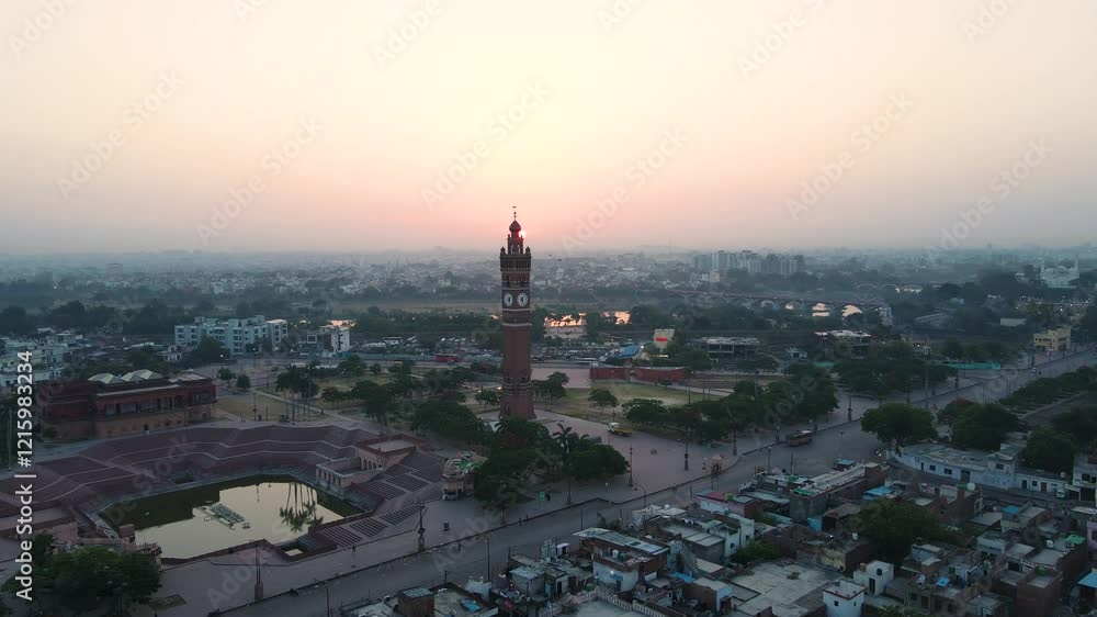 Aerial shot of Lucknow's historic Clock Tower at sunrise, with the sun rising behind the monument. Aerial shot of Lucknow's historic Clock Tower at sunrise, with the sun rising behind the monument.