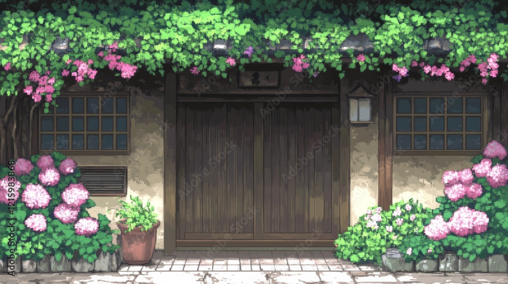 Fototapeta premium Tranquil Japanese House with Blooming Hydrangeas and Vines