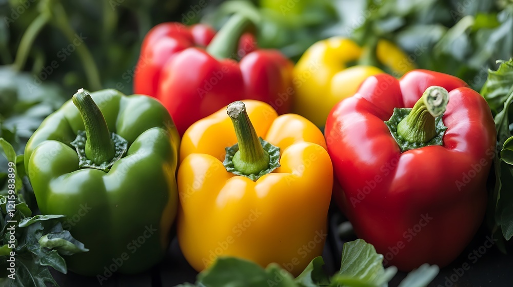 Close-up view of three vibrant bell peppers; red, yellow, and green, nestled amongst green leaves. Close-up view of three vibrant bell peppers; red, yellow, and green, nestled amongst green leaves.