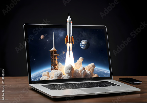 Raketenstart auf Laptop-Bildschirm - KI generiert photo