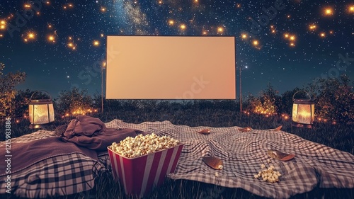 popcorn Concept. A cozy outdoor movie night setup with a blank screen, popcorn, blankets, and lanterns under a starry sky.