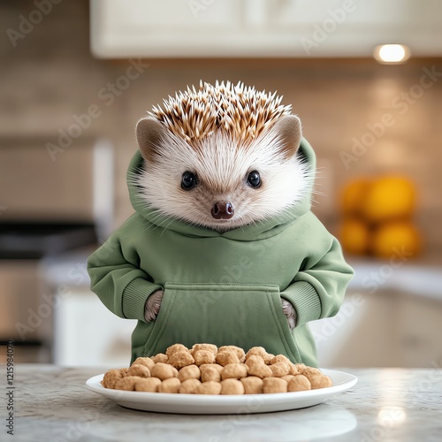 petfluencer idol Cute hedgehog in a hoodie with snacks. photo