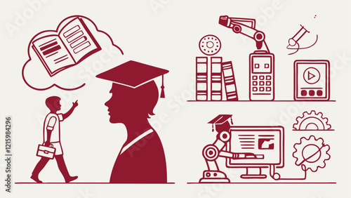 Flat icon silhouettes focusing on classroom innovation, robotics, and digital education.