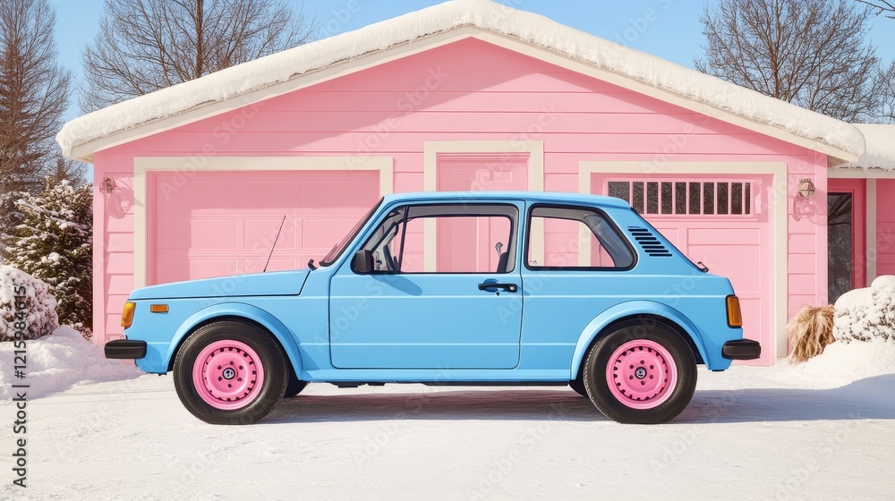 Fototapeta premium Pastel Pink House and Light Blue Classic Car in Snowy Scene