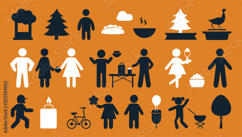 Flat icon silhouettes focusing on family bonding, picnics, games, and camping activities.