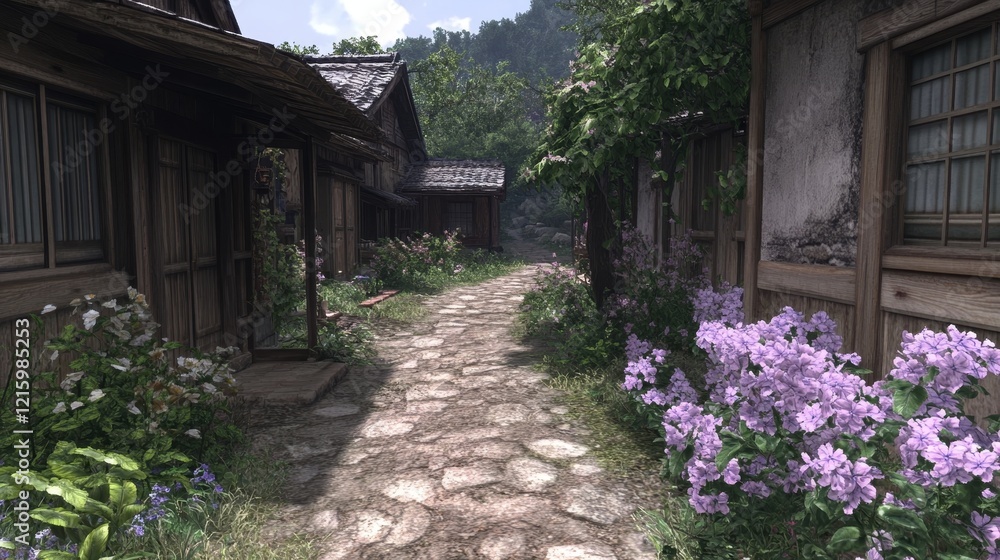 Tranquil Village Path Amidst Blooming Flowers and Houses Tranquil Village Path Amidst Blooming Flowers and Houses