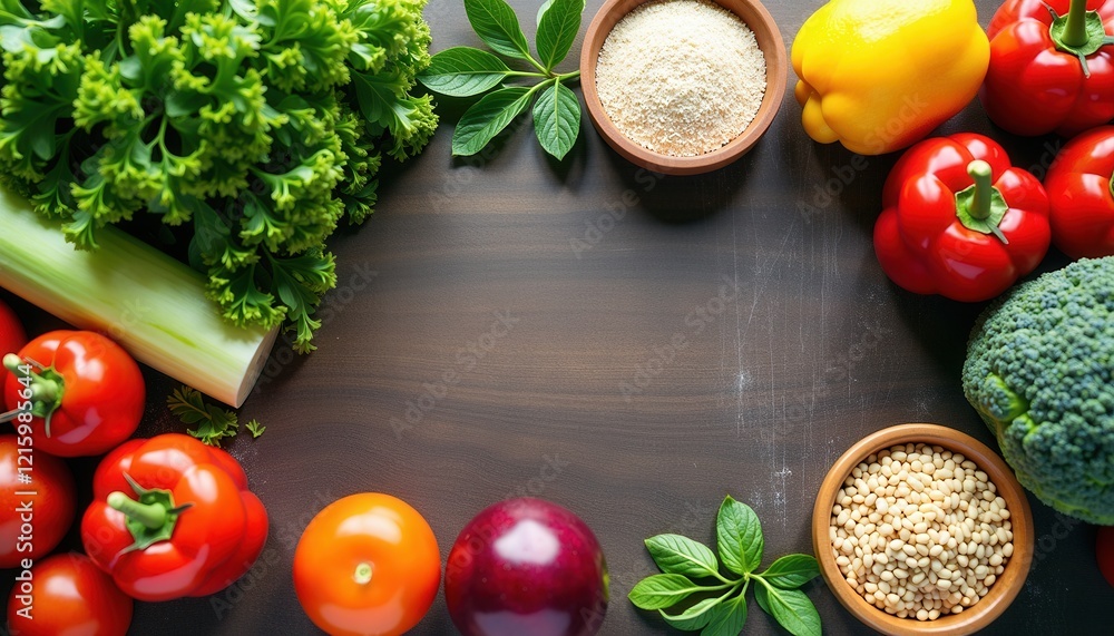 Top-Down View: Fresh Vetables and Grains on a Wooden Table Top-Down View: Fresh Vetables and Grains on a Wooden Table