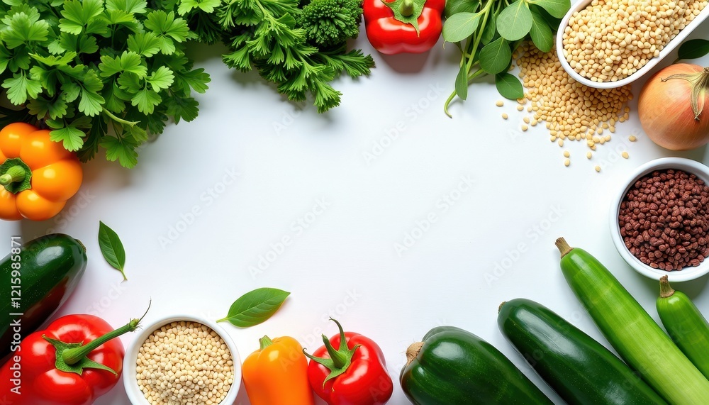 Vibrant Veggie and Grain Arranment on White Surface Vibrant Veggie and Grain Arranment on White Surface