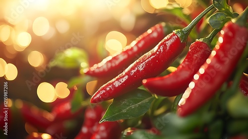 Close-up of ripe red chili pepper plant with warm sunset light background for Fresh spicy Harvest Concept Organic Farming Garden. photo