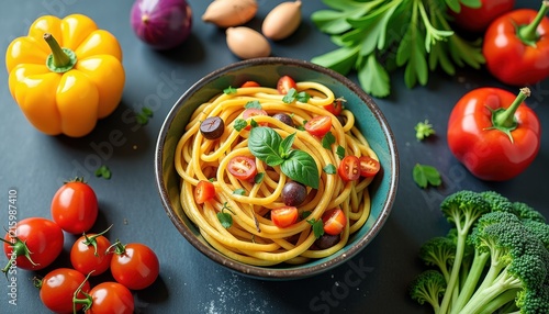 Bright Bowl of Mixed Vetarian Pasta: Tomatoes, Olives, Broccoli, Capsicum, Garlic, and Greens