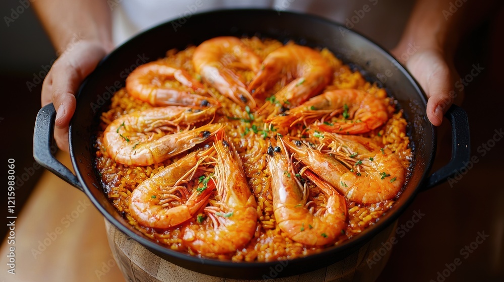Delicious shrimp paella served in a black skillet. Delicious shrimp paella served in a black skillet.