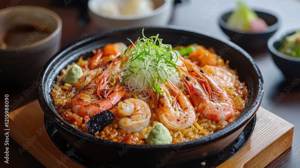 Delicious seafood dish served in a sizzling pot. Delicious seafood dish served in a sizzling pot.