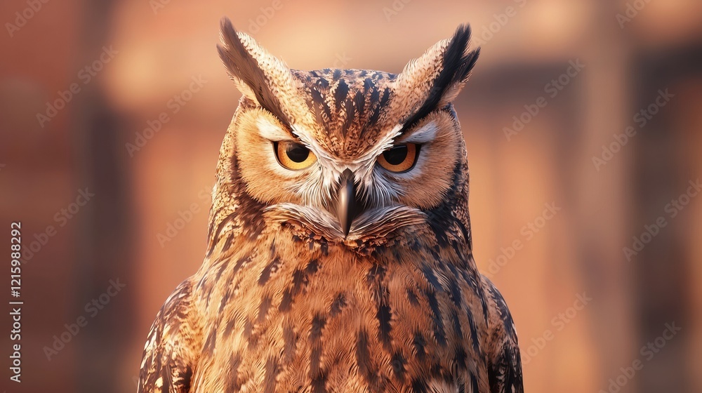 Fototapeta premium Majestic owl with intense gaze and detailed feathers.