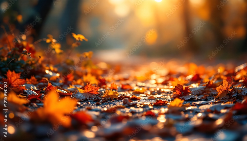 Abstract Background Autumnal Path: Golden Leaves at Sunset Abstract Background Autumnal Path: Golden Leaves at Sunset