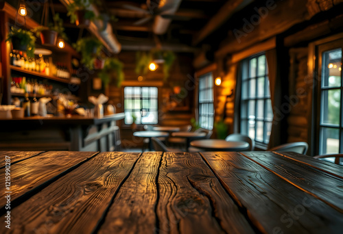 rustic wooden table, cozy log cabin interior, warm ambient lighting, bar in background, windows with soft glow, vintage decor, intimate atmosphere, autumn leaves, distressed wood textures, golden hour photo