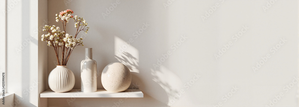 Decorative shelf with flowers and vases in neutral colors Decorative shelf with flowers and vases in neutral colors